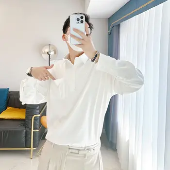 Iş Rahat Erkek Moda Resmi Gevşek T-Shirt Düz Renk Turn-aşağı Yaka Yakışıklı Ofis Düğmesi Uzun Kollu erkek Giyim