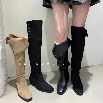 Kadın Lastik Çizmeler Ayakkabı Kış Ayakkabı Seksi Uyluk Yüksek Topuklu Yüksek Seksi Yağmur Kovboy Bayanlar 2023 Sonbahar Med Over-the-Diz