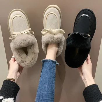 Kadın Kelebek pamuklu ayakkabılar Kış 2024New Moda Peluş Yalıtım Kaymaz Düz Tabanlı Kar Botları Açık Trend rahat ayakkabılar