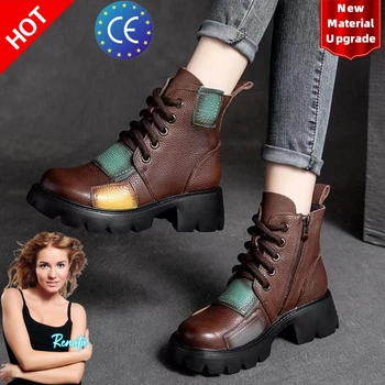 Kadın yarım çizmeler Kış 2023 Yeni Hakiki deri ayakkabı Zip Yuvarlak ToeWedges Retro Karışık Renkler Platformu kısa çizmeler kaymaz