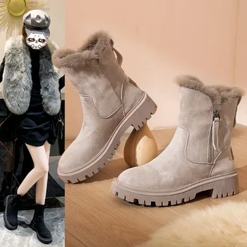 2023 Kışlık Botlar Kürk Bayan Kar Botları Dekolte Sıcak Kürk Ayakkabı Düşük Topuk Platformu Fermuar Ayak Bileği Botas Mujer rahat ayakkabılar Artı Boyutu