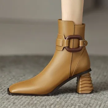 Kadın Kare Ayak Bileği Chelsea Çizmeler Orta Topuklu Tıknaz Kış Ayakkabı 2024 Yeni Trend Gladyatör Pompaları Tasarımcı Fermuar Botas Femme