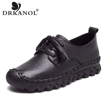 DRKANOL El Yapımı Dikiş Kadın düz ayakkabı Yüksek Kalite Gerçek İnek Deri Dantel-Up Oxford Ayakkabı Kadınlar İçin Yaz İçi Boş rahat ayakkabılar