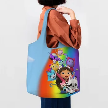 Özel Gabbys Dollhouse Alışveriş keten çantalar Kadınlar Kullanımlık Büyük Kapasiteli Bakkal Tote Alışveriş Çantaları Fotoğraf Çantası