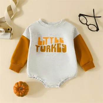 Bebek Şükran Romper Sevimli Mektup Baskı Uzun Kollu Patchwork Bodysuit Yenidoğan Giysileri