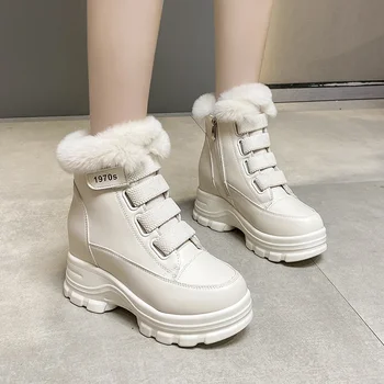 Moda Platformu Kadın Botları Kış Peluş Sıcak Kar Botları Yumuşak Deri Su Geçirmez Kalın Taban Kadın Kama Ayakkabı