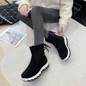 Süet Düz Orta Buzağı Modern Botlar 2023 Moda bağcıklı ayakkabı Kadınlar için Kış Yuvarlak Ayak Düz bayan Botları Botas De Mujer