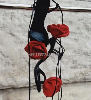 Gül Çiçek Süslenmiş Rhinestone Tek Sapanlar Ayak Bileği Sapanlar Lace Up Stlietto Sandalet Hollow Seksi Elbise Parti Yüksek Topuklu Ayakkabılar