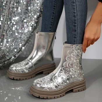 Fermuar Büyük Boy Ayakkabı Kadın Yuvarlak Ayak lastik çizmeler Çizmeler - Kadınlar Lüks Tasarımcı Büyük Boy Yağmur 2023 Moda Düşük Bayanlar Çiçek Fl