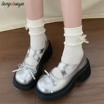 gümüş pembe lolita ayakkabı Kadın Mary Jane Ayakkabı Moda Sığ Elastik Nand Bayanlar Pompaları Zarif Açık Yüksek platform ayakkabılar
