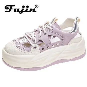 Fujin 6cm Süet İnek Hakiki Deri Platformu Kama Tıknaz Ayakkabı Sandalet Metal Dekorasyon Kadın Rahat ROMA Yaz İçi Boş Ayakkabı