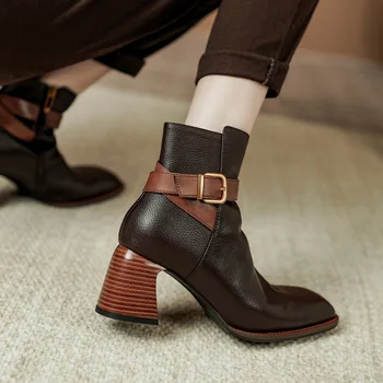 Kadın yarım çizmeler Yan Zip Kare Ayak Kalın Topuk Ayakkabı İnek Deri Kış Sıcak Çizmeler Gerçek Deri İlkbahar Sonbahar Kadın Ayakkabı