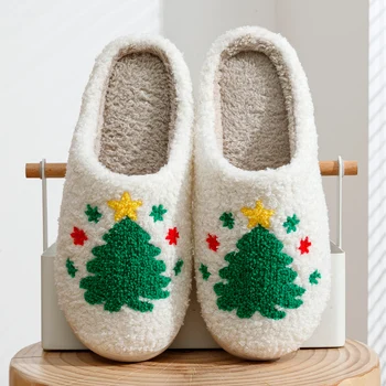 Yeşil Noel Ağacı Terlik Kürk Kış ev terlikleri Kadınlar Rahat Ev Düz Slip-on Yatak Odası Slaytlar Merry Christmas Ayakkabı