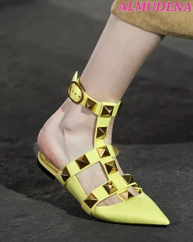 Roma Damızlık Deri Bale Daireler Sandalet Kadın Sivri Burun Yaz Ayak Bileği Kayışı Sandalet Lüks Tasarımcı Büyük Boy Ayakkabı Teklif