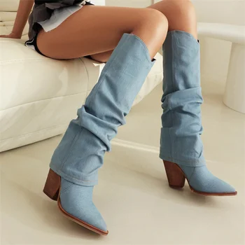 IPPEUM Denim Çizmeler Diz Yüksek Tıknaz Topuklu Ayakkabılar Müzik Festivali Mavi Batı kovboy çizmeleri Kadınlar İçin