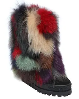 2017 Sıcak Kış Kadın Moda Gökkuşağı Kürk Yüksekliği Artan Zip Geri Kalın Topuk Kama Kısa Ayak Bileği Çizmeler Orta buzağı Patik boyutu 42