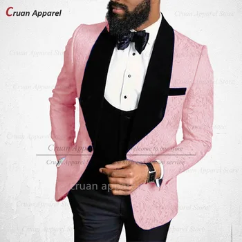 Yeni Erkek Takım Elbise Setleri Kadife Şal Yaka Jakarlı Blazer Düğün Parti Moda Kıyafetler Akşam Yemeği Zarif Kostümleri 3 Adet