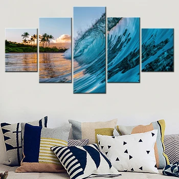 5 Adet Tuval Sanat İç Posteri Boyama Doğa Okyanus Dalgaları Palmiye Ağaçları Duvar Kağıdı Ev Dekor Modüler Resim Baskı