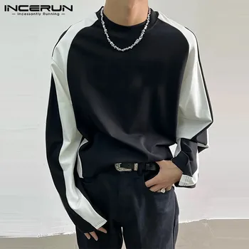 INCERUN Üstleri 2023 Kore Tarzı Yakışıklı erkek Renk Kontrast Tasarım T-Shirt Rahat Moda Tüm Maç Uzun Kollu Camiseta S-5XL