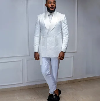 Beyaz Jakarlı Düğün Damat Erkek Takım Elbise Şal Yaka Blazer Masculino Terno Custom Made Günlük Giyim Kıyafetler 2 Parça Ceket Pantolon