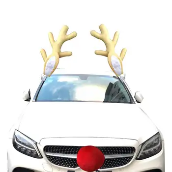 Ren geyiği Araba Dekorasyon Sevimli Noel Araba Ren Geyiği Boynuzları Süslemeleri Kiti Araç Burun Boynuz Kostüm Seti Noel Ren Geyiği