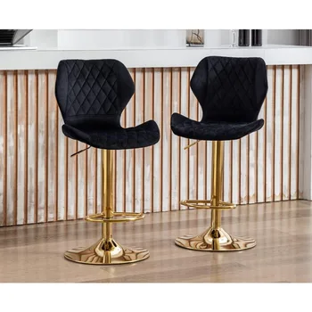 EALSON Kadife Bar Tabureleri 2 Set Tezgah Yüksekliği Bar Tabureleri Geri Döner Bar Sandalyeleri Altın Taban ile Modern Ayarlanabilir Mutfak