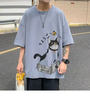 Japon Giyim Baskılı Karikatür Kedi Pamuk Çift Büyük Boy T Shirt Erkek Çok Yönlü Streetwear Harajuku Kısa Kollu Tees Gömlek