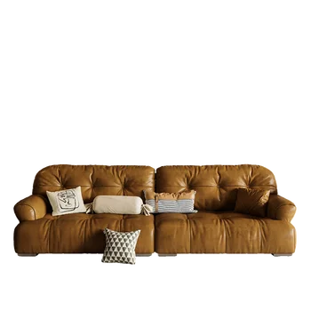 Retro yağ balmumu deri kanepe, düz sıra oturma odası, kombinasyon boyutu, basit kanepe